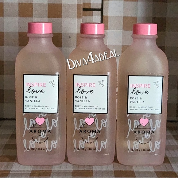 3x Bath & Body Works Aroma INSPIRE LOVE Rose Vanilla 4 OZ Body + Massage Oil